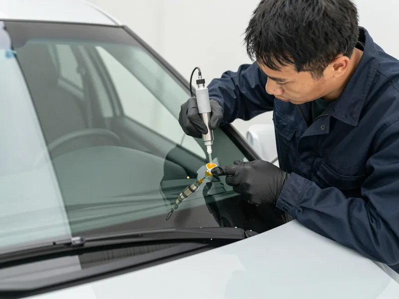 Werkzeuge und Materialien fuer die Autoglasreparatur liegen auf einer Werkbank
