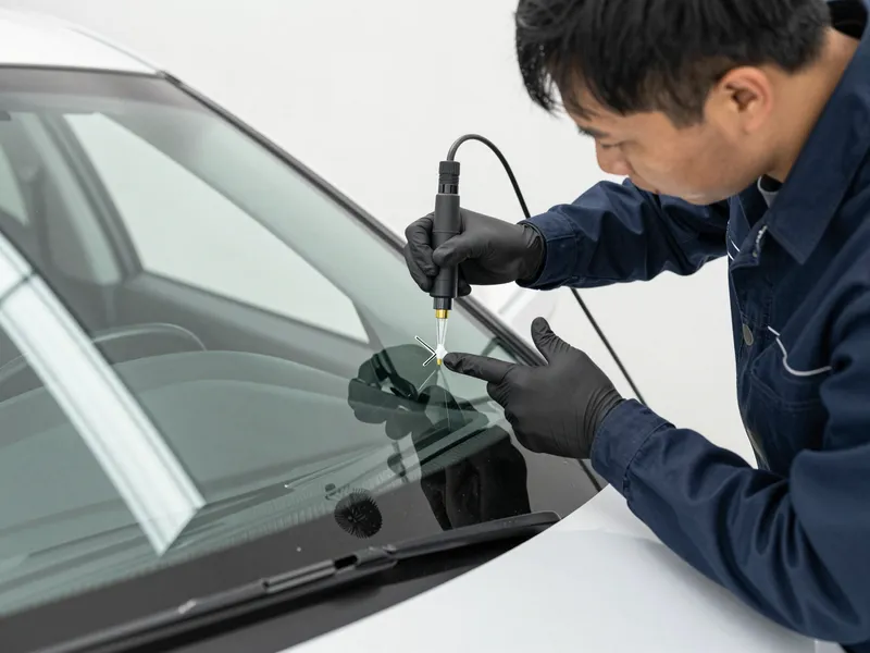 Werkzeuge und Materialien fuer die Autoglasreparatur liegen auf einer Werkbank