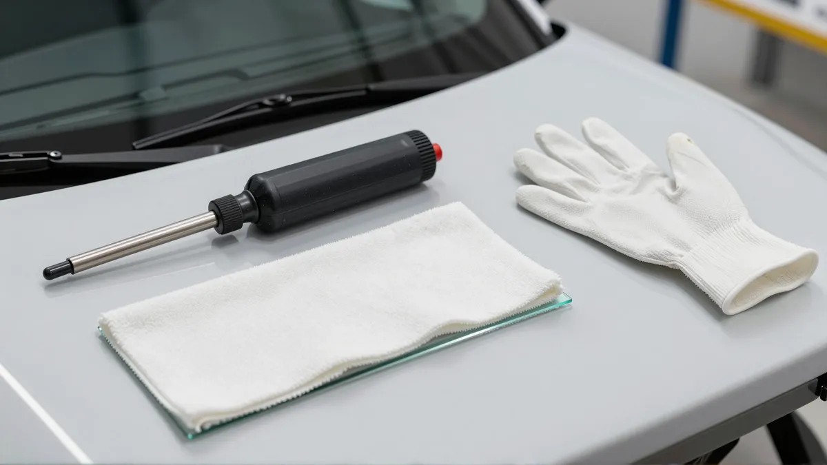Werkzeuge und Materialien fuer die Autoglasreparatur liegen auf einer Werkbank
