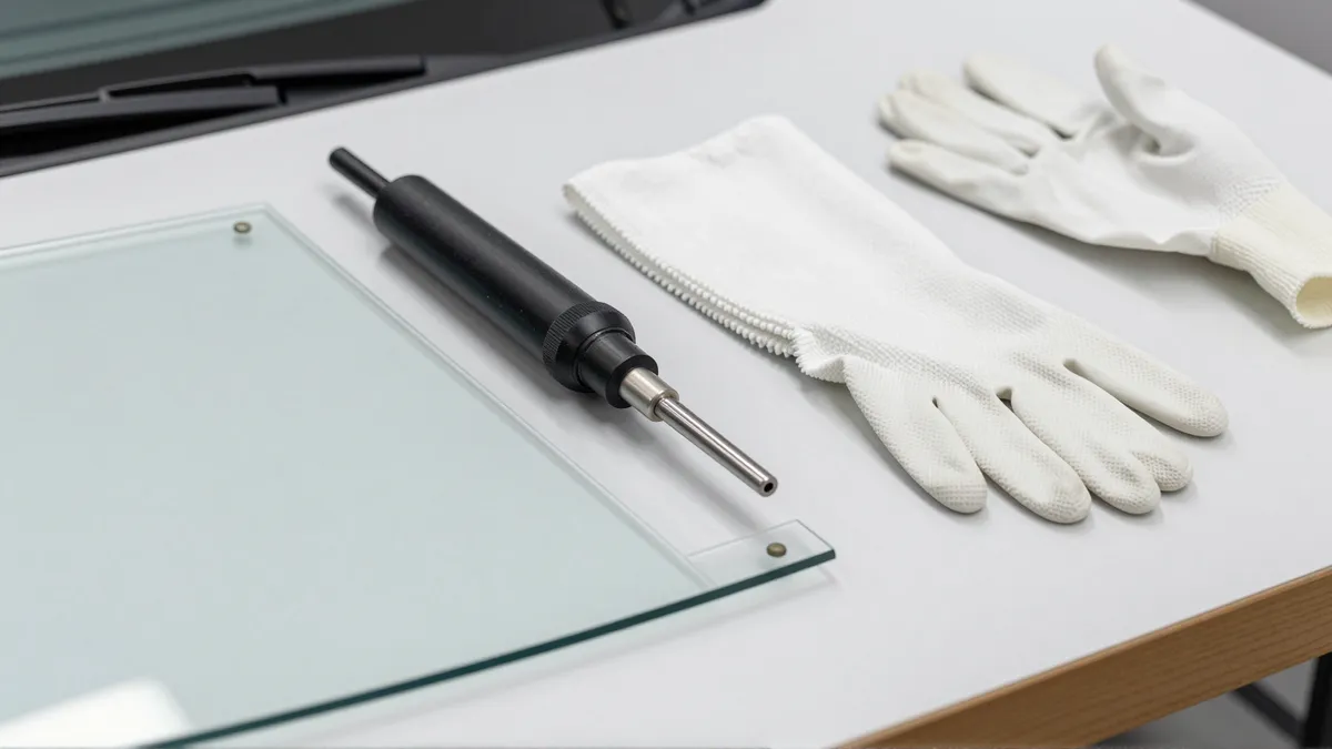 Werkstattarbeitsplatz mit Werkzeugen zur Autoglassreparatur auf einem sauberen Tisch