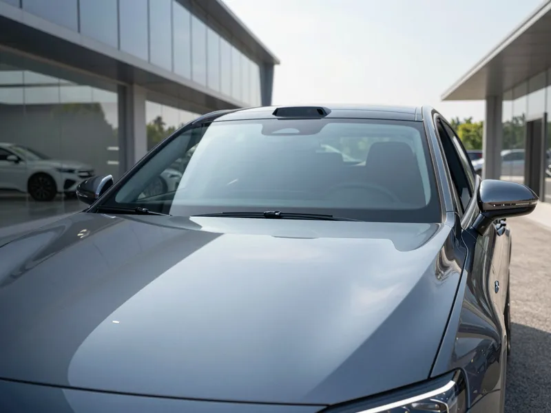 Ein schwarzer Luxuswagen parkt vor einem modernen Autoservicezentrum an einem sonnigen Tag.