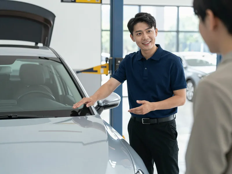 Ein freundlicher Kundenberater erklärt einer Kundin an einem silbernen Auto eine Reparatur in einer hellen Werkstatt.