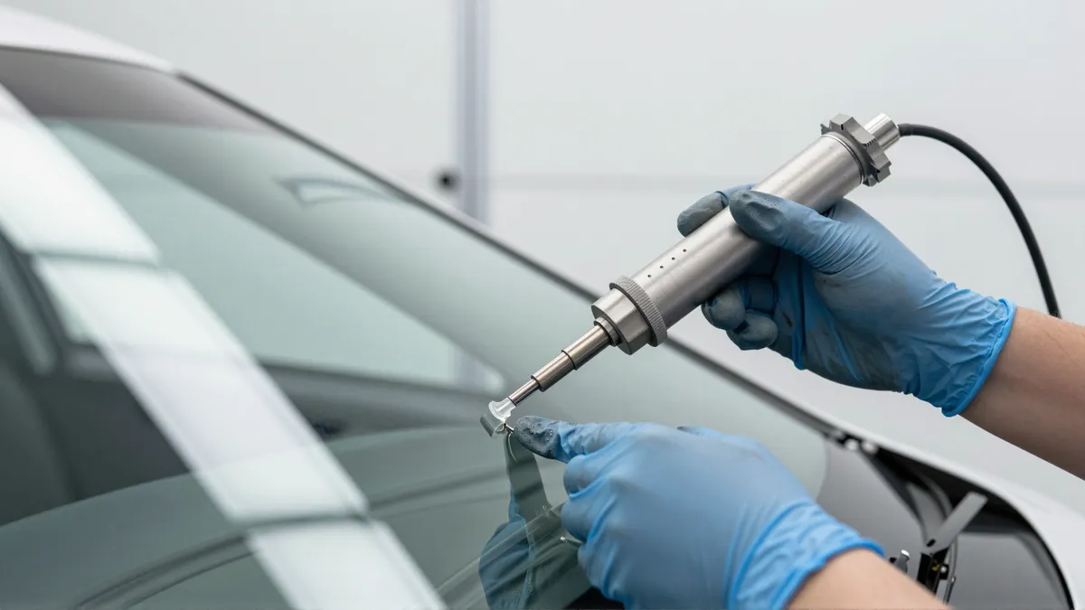 Ein Techniker in blauen Handschuhen repariert mit Werkzeug einen Steinschlag in einer Autoscheibe.