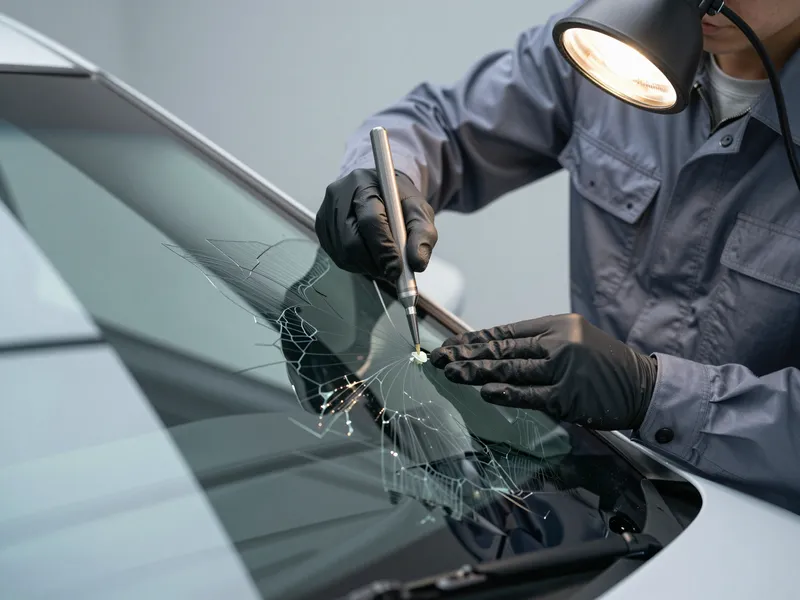 Ein Techniker in grauer Arbeitskleidung repariert mit einem Werkzeug einen kleinen Steinschlag in einer Autoscheibe.