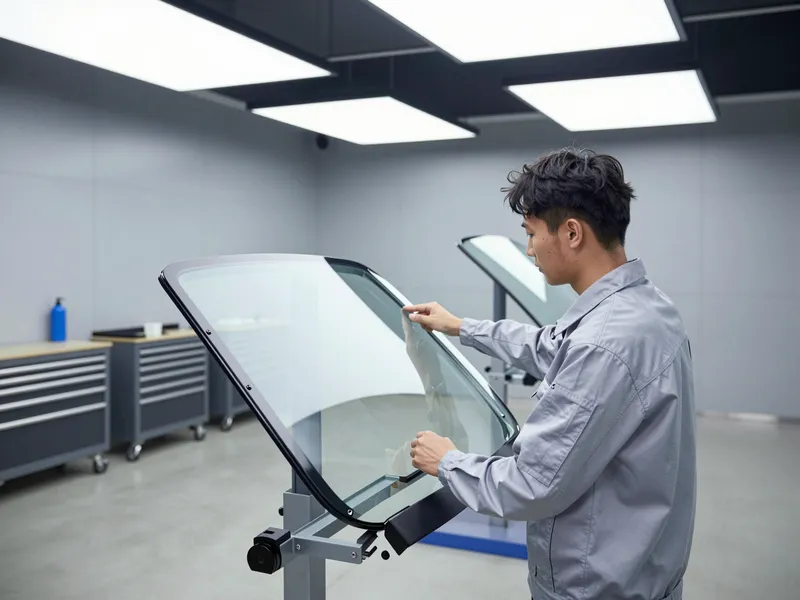 Ein Techniker prüft eine Windschutzscheibe in einer hellen, sauberen Autoglaswerkstatt.