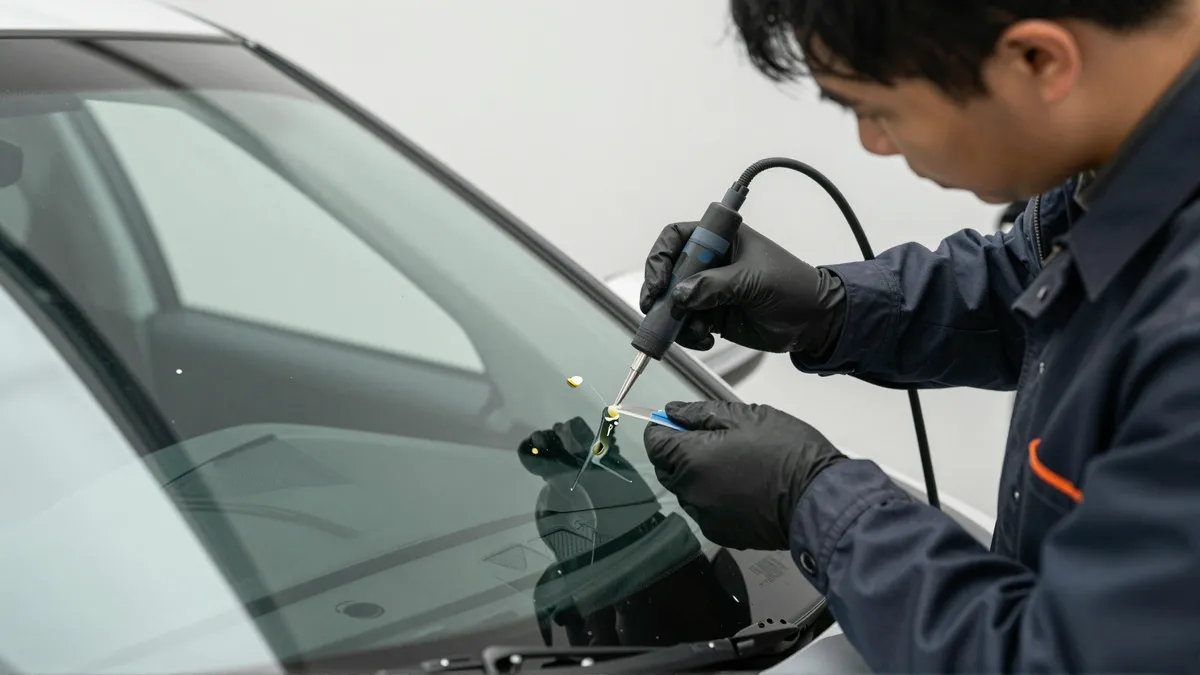 Werkzeuge und Materialien fuer die Autoglasreparatur liegen auf einer Werkbank