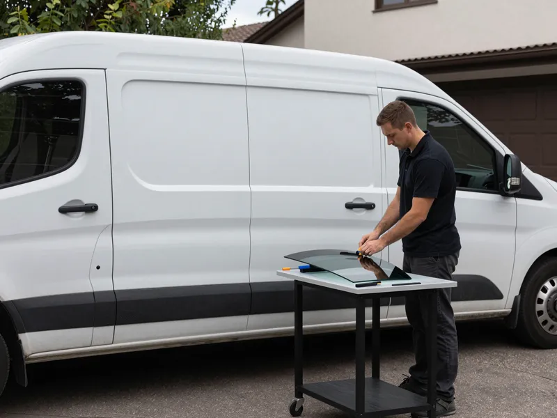 Werkzeuge und Materialien fuer die Autoglasreparatur liegen auf einer Werkbank