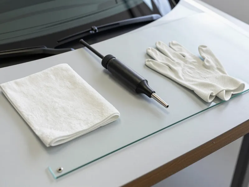 Werkzeuge und Materialien fuer die Autoglasreparatur liegen auf einer Werkbank