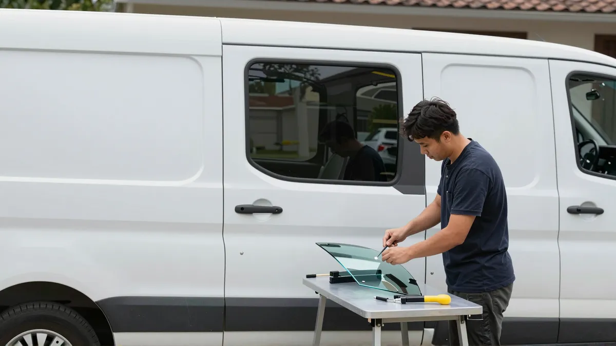 Werkzeuge und Materialien fuer die Autoglasreparatur liegen auf einer Werkbank