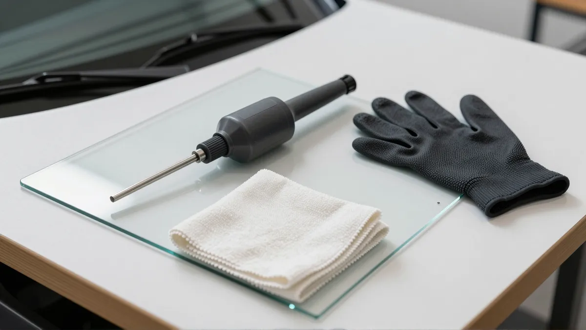 Werkzeuge und Materialien fuer die Autoglasreparatur liegen auf einer Werkbank