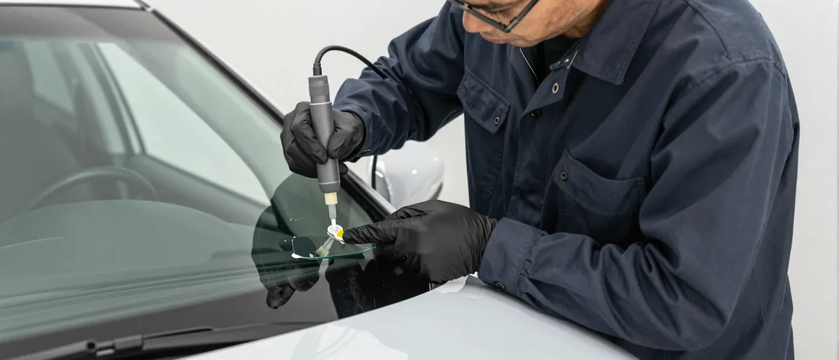 Werkzeuge und Materialien fuer die Autoglasreparatur liegen auf einer Werkbank