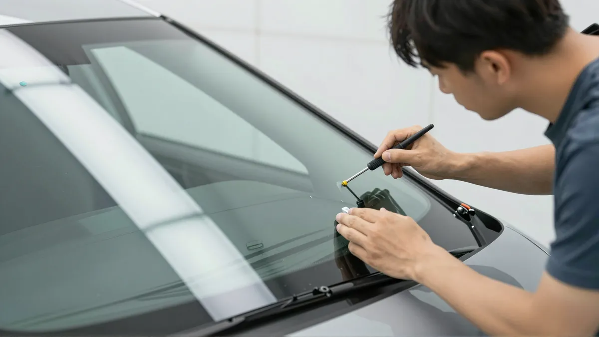 Werkzeuge und Materialien fuer die Autoglasreparatur liegen auf einer Werkbank
