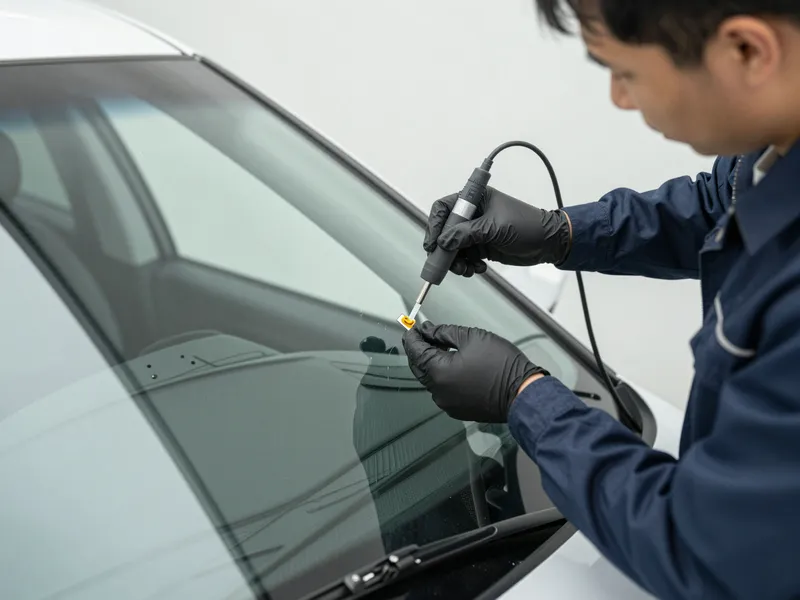 Werkzeuge und Materialien fuer die Autoglasreparatur liegen auf einer Werkbank