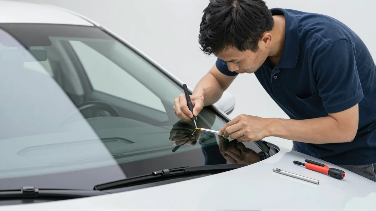 Werkzeuge und Materialien fuer die Autoglasreparatur liegen auf einer Werkbank