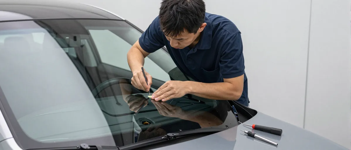 Werkzeuge und Materialien fuer die Autoglasreparatur liegen auf einer Werkbank