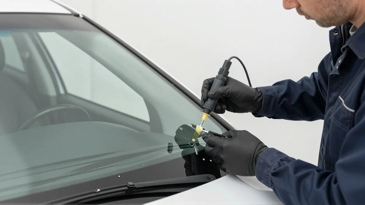 Werkzeuge und Materialien fuer die Autoglasreparatur liegen auf einer Werkbank