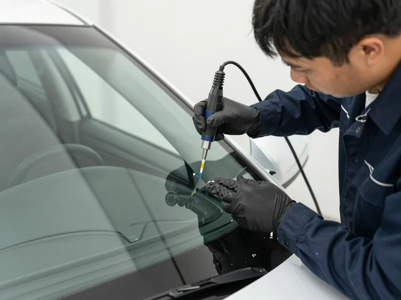 Werkzeuge und Materialien fuer die Autoglasreparatur liegen auf einer Werkbank