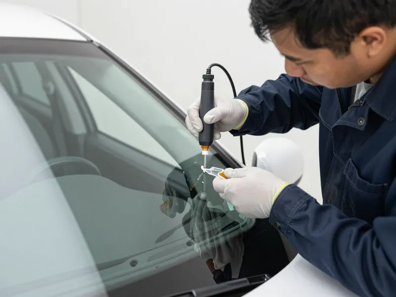 Werkzeuge und Materialien fuer die Autoglasreparatur liegen auf einer Werkbank