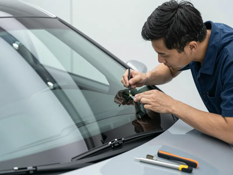 Werkzeuge und Materialien fuer die Autoglasreparatur liegen auf einer Werkbank