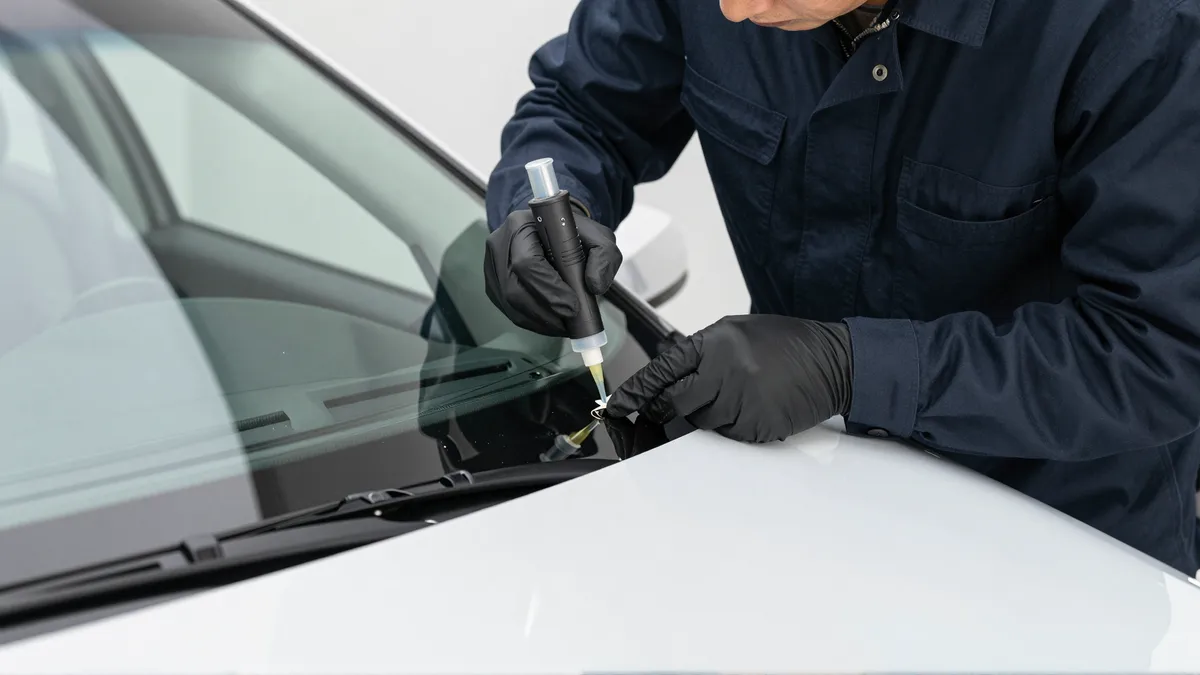 Werkzeuge und Materialien fuer die Autoglasreparatur liegen auf einer Werkbank