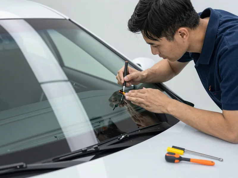 Werkzeuge und Materialien fuer die Autoglasreparatur liegen auf einer Werkbank