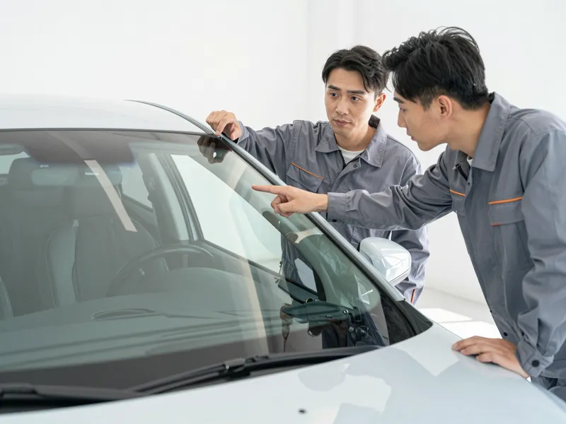 Ein Autoglas-Berater erklaert einem Kunden die Reparatur an einer Autoscheibe