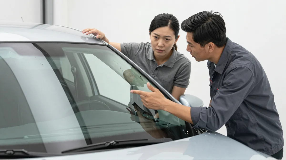 Ein Autoglas-Berater erklaert einem Kunden die Reparatur an einer Autoscheibe