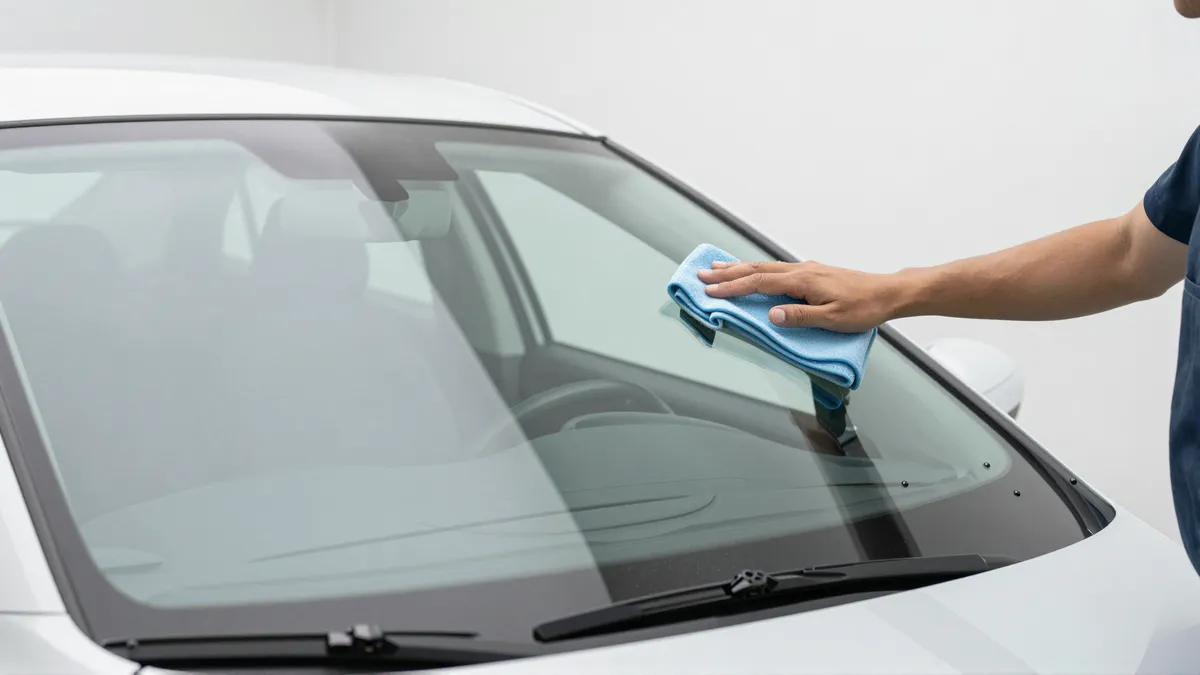 Werkzeuge und Materialien fuer die Autoglasreparatur liegen auf einer Werkbank