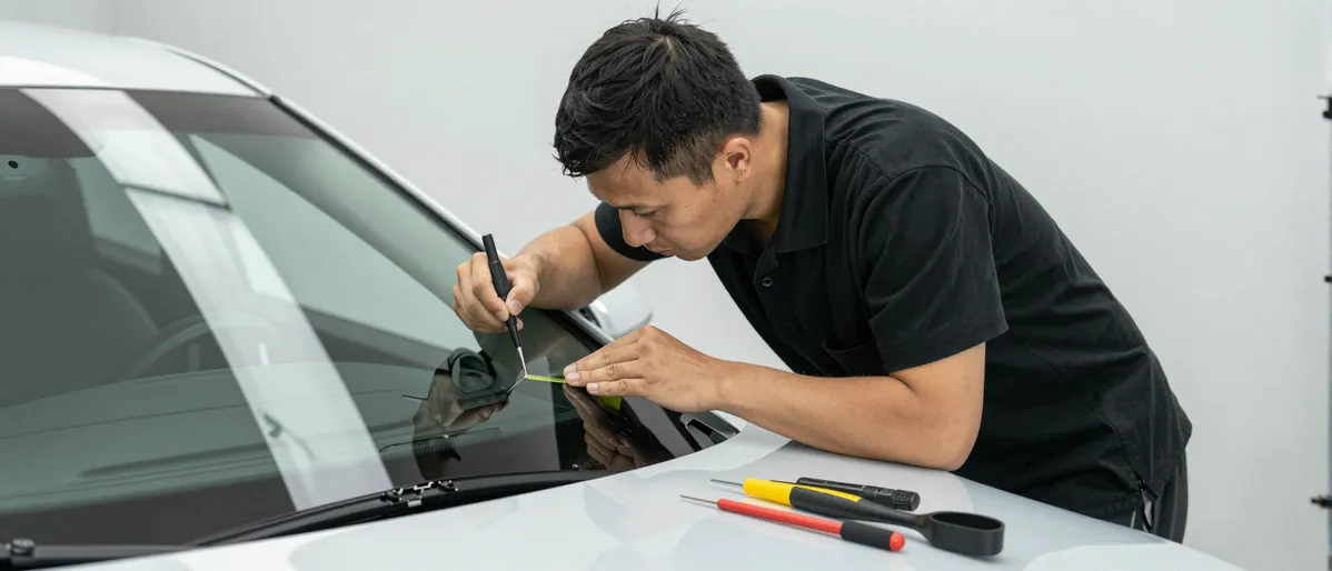 Werkzeuge und Materialien fuer die Autoglasreparatur liegen auf einer Werkbank