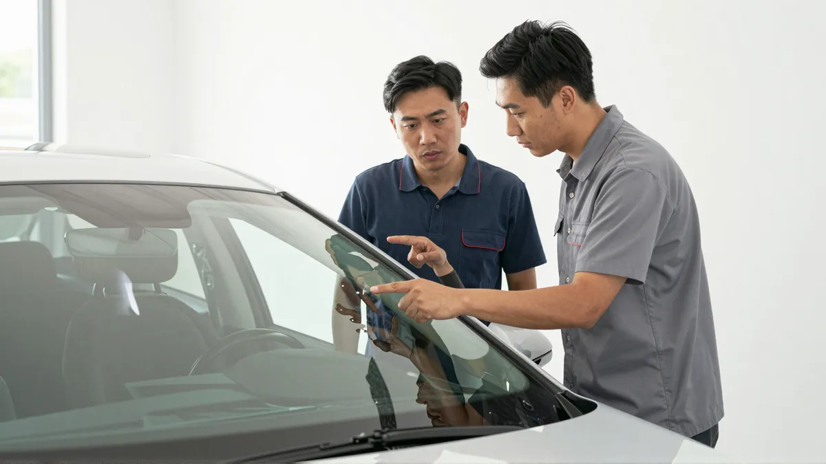 Ein Autoglas-Berater erklaert einem Kunden die Reparatur an einer Autoscheibe