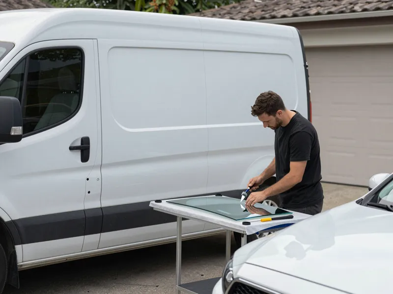 Werkzeuge und Materialien fuer die Autoglasreparatur liegen auf einer Werkbank