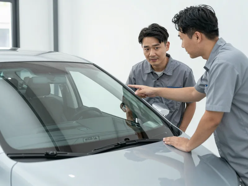 Ein Autoglas-Berater erklaert einem Kunden die Reparatur an einer Autoscheibe