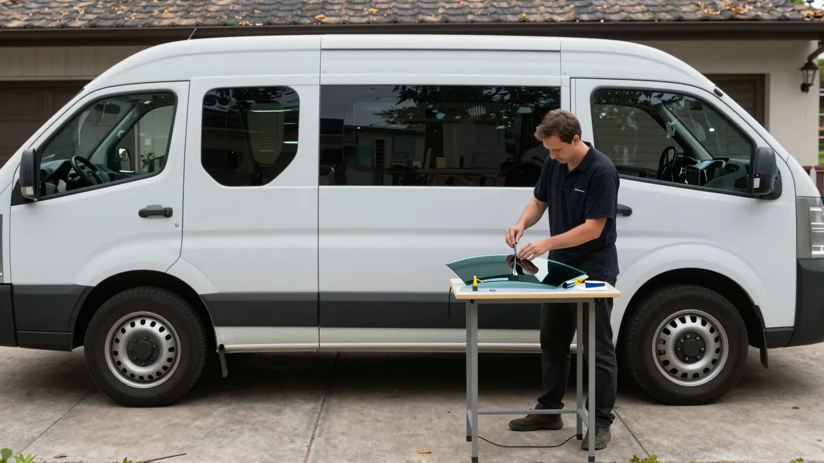 Werkzeuge und Materialien fuer die Autoglasreparatur liegen auf einer Werkbank