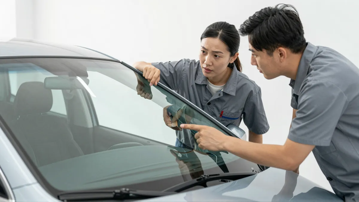 Ein Autoglas-Berater erklaert einem Kunden die Reparatur an einer Autoscheibe