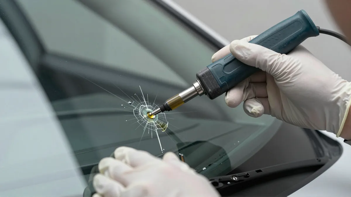 Eine behandschuhte Hand repariert mit einem Werkzeug einen Steinschlag in einer Autoscheibe.
