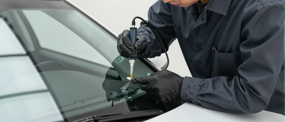 Werkzeuge und Materialien fuer die Autoglasreparatur liegen auf einer Werkbank