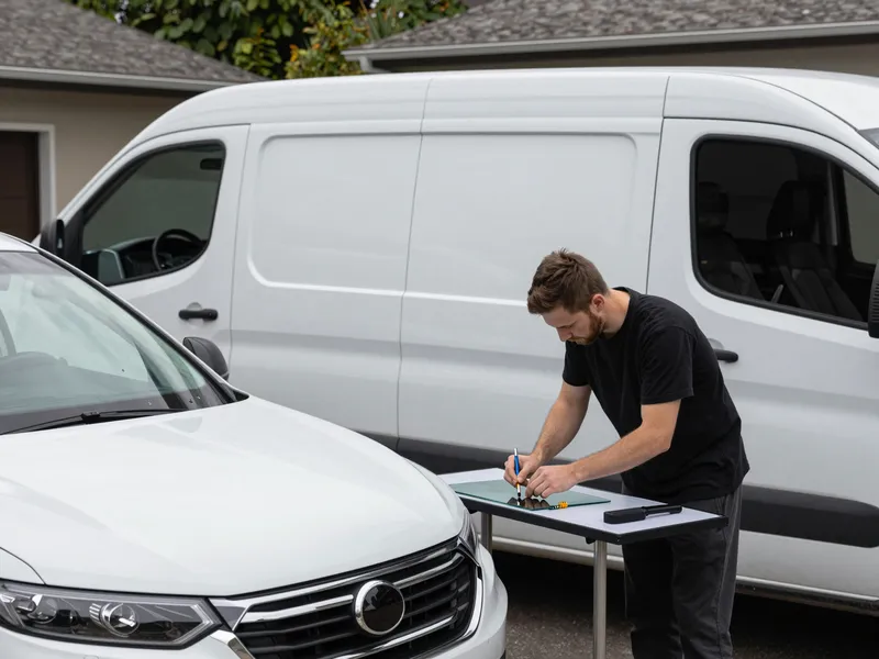 Werkzeuge und Materialien fuer die Autoglasreparatur liegen auf einer Werkbank