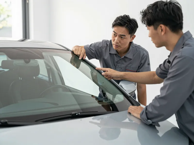 Ein Autoglas-Berater erklaert einem Kunden die Reparatur an einer Autoscheibe