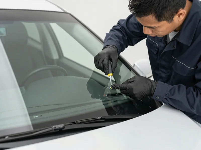 Werkzeuge und Materialien fuer die Autoglasreparatur liegen auf einer Werkbank