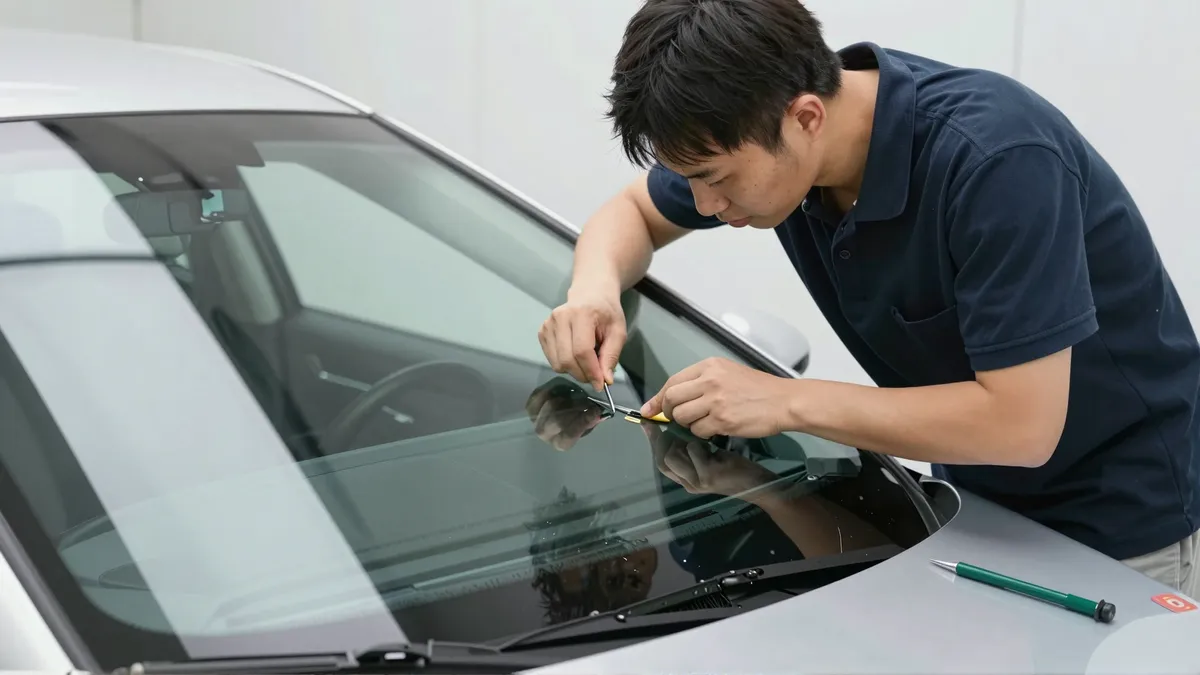 Werkzeuge und Materialien fuer die Autoglasreparatur liegen auf einer Werkbank