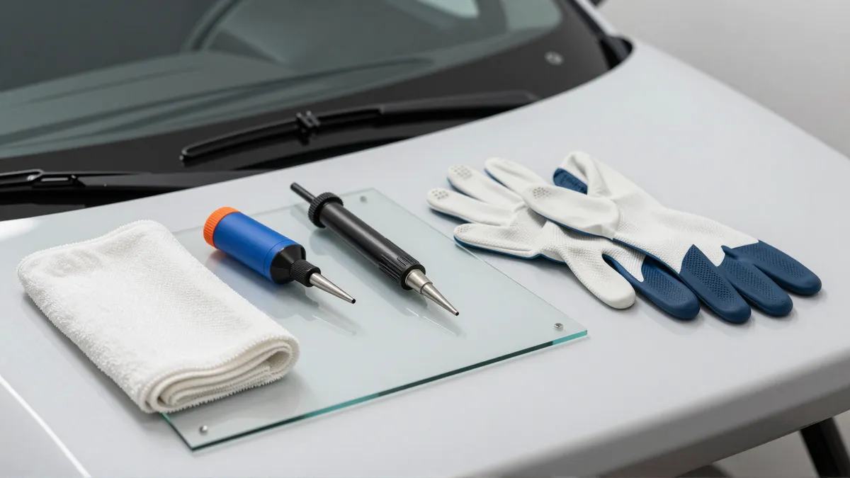 Werkzeuge und Materialien fuer die Autoglasreparatur liegen auf einer Werkbank