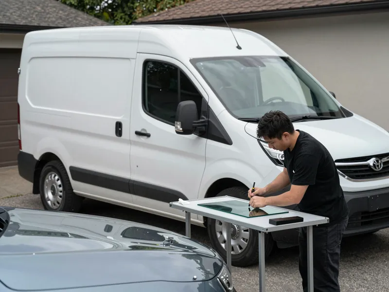 Werkzeuge und Materialien fuer die Autoglasreparatur liegen auf einer Werkbank