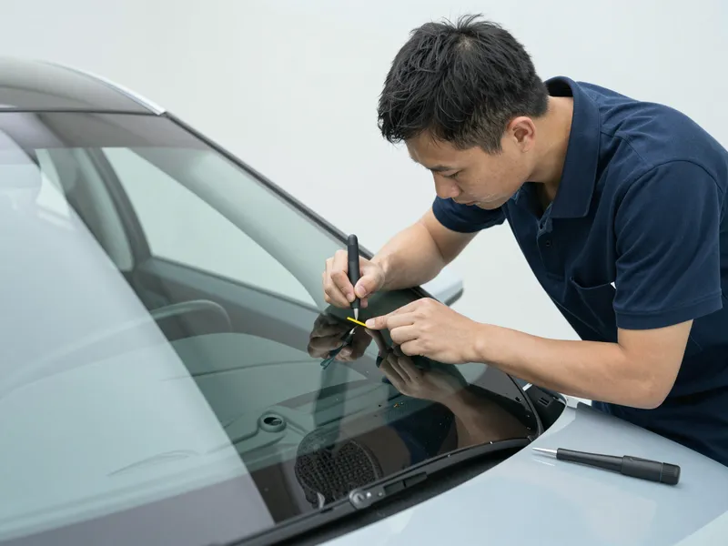 Werkzeuge und Materialien fuer die Autoglasreparatur liegen auf einer Werkbank
