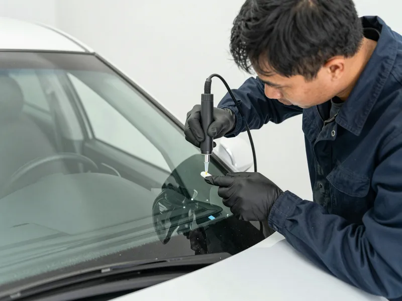 Werkzeuge und Materialien fuer die Autoglasreparatur liegen auf einer Werkbank