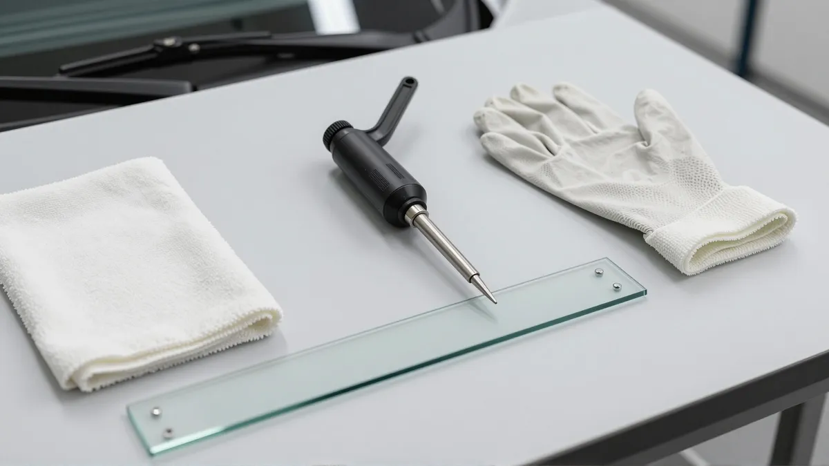 Werkzeuge und Materialien fuer die Autoglasreparatur liegen auf einer Werkbank