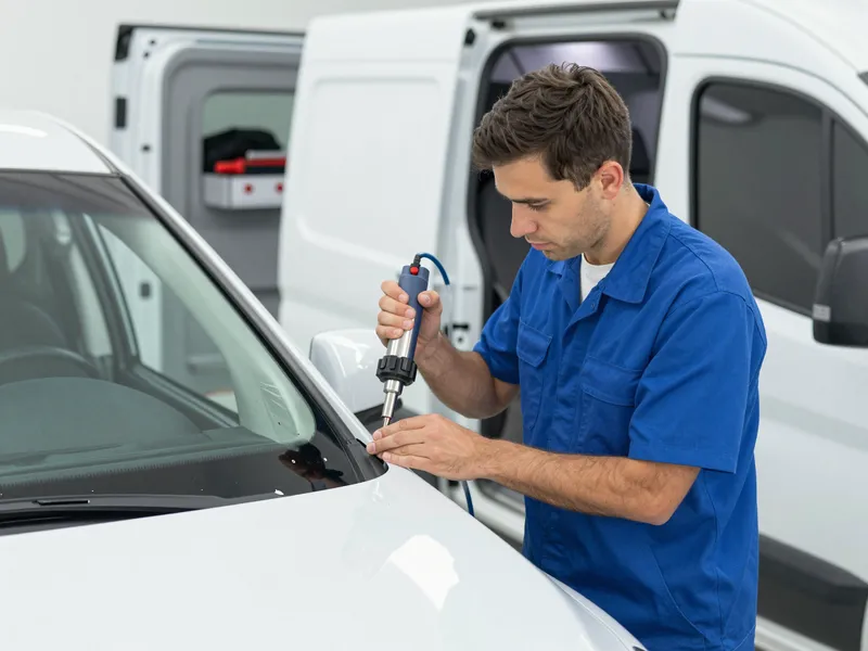 Ein Techniker repariert mit einem Werkzeug einen Steinschlag in einer Autoscheibe in einem sauberen Servicewagen.