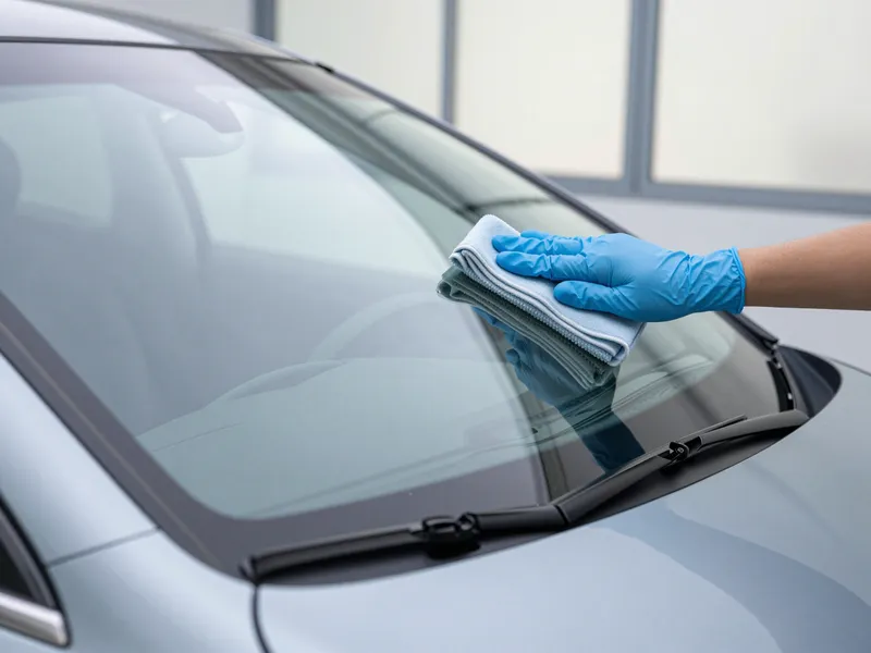 Ein Techniker in blauen Handschuhen poliert die Kante einer neuen Windschutzscheibe an einem modernen Auto.