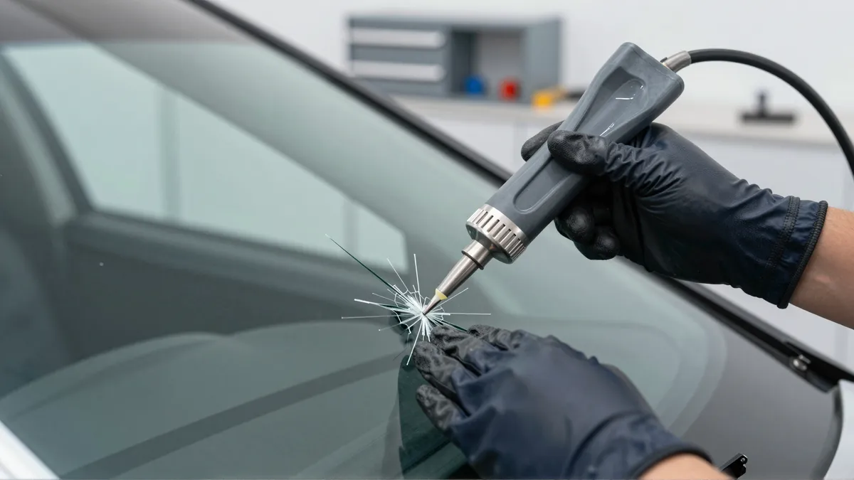 Ein Techniker mit Handschuhen repariert mit einem Werkzeug einen Riss in einer Autoscheibe.