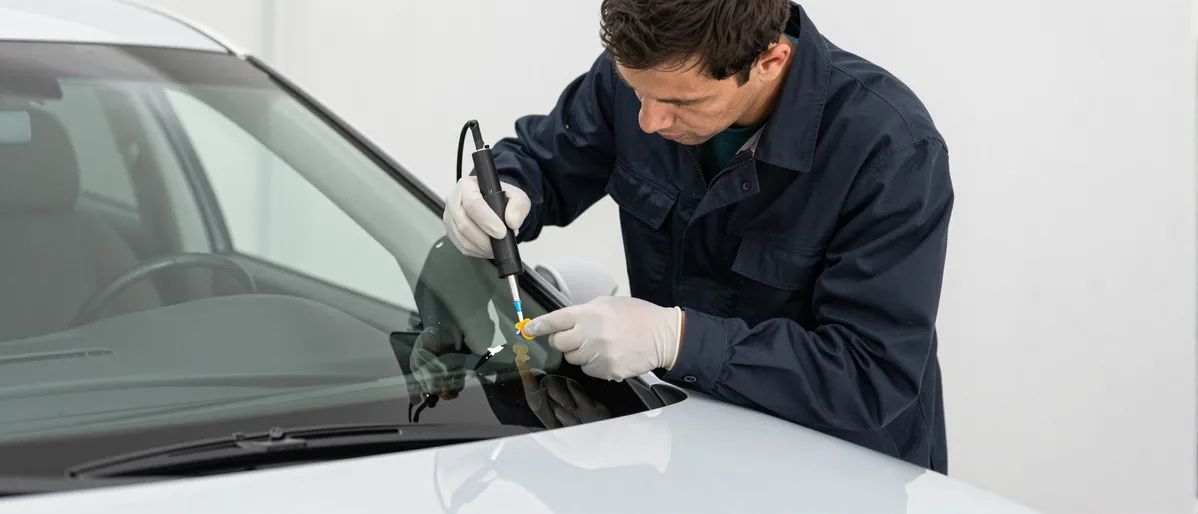Werkzeuge und Materialien fuer die Autoglasreparatur liegen auf einer Werkbank
