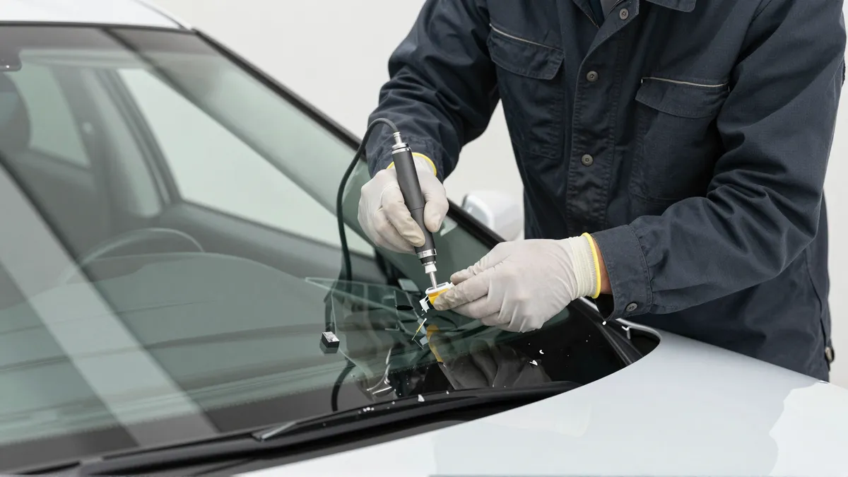 Werkzeuge und Materialien fuer die Autoglasreparatur liegen auf einer Werkbank